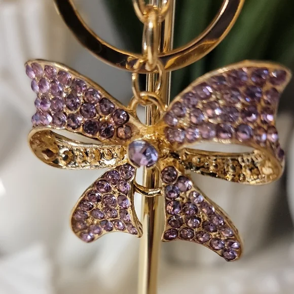 Purple Gold Bow Keychain Bag charm Rhinestone - Picture 9 of 10
